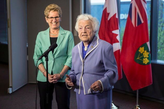 Ontario Premier and Liberal Leader Kathleen Wynne and former Mississauga Mayor Hazel McCallion address the media in Mississauga on May 14 , 2014.