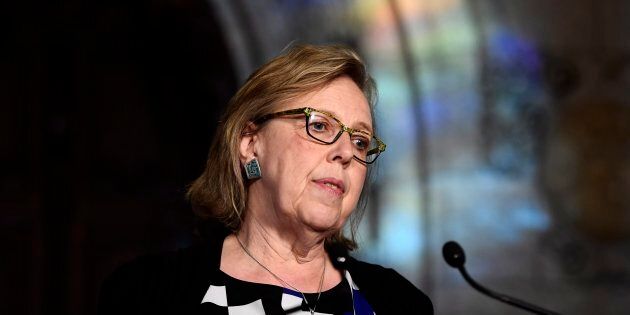 Green Party Leader Elizabeth May speaks to reporters on Parliament Hill about the government's plan to buy the Trans Mountain pipeline on May 29, 2018.