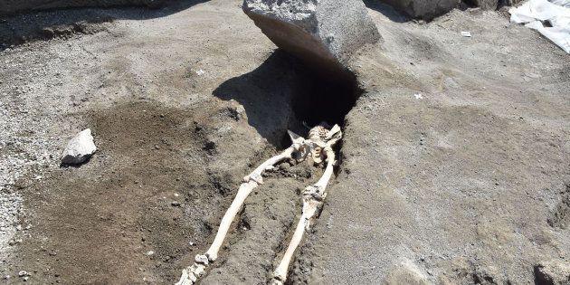 A skeleton of a victim recently found in the new work area of Regio V in the archaeological site of Pompeii, the ancient Roman town buried by the eruption of the Vesuvius volcano on 79 AD.