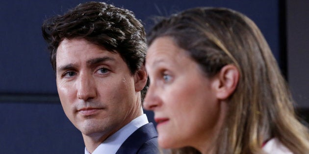 Canada's Prime Minister Justin Trudeau listens to Foreign Minister Chrystia Freeland during news conference in Ottawa, Ontario, Canada, May 31, 2018. REUTERS/Chris Wattie