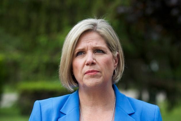 Ontario NDP Leader Andrea Horwath speaks with senior citizen homeowners at a campaign event in Mississauga, Ont., on Saturday.