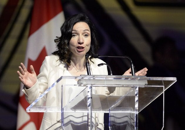 Bloc Quebecois Leader Martine Ouellet jokes during her speech at the Parliamentary Press Gallery Dinner at the Museum of History in Gatineau, Que. on May 26, 2018.