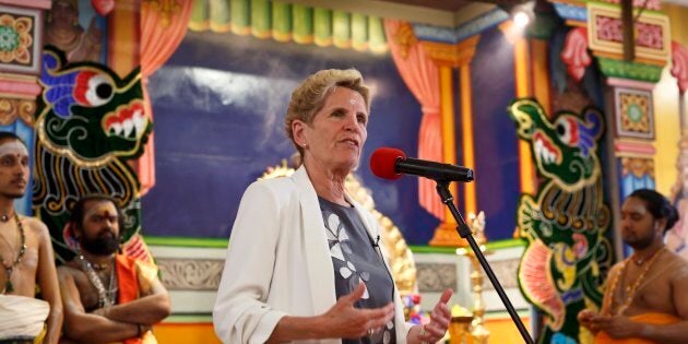 Ontario Liberal party leader Kathleen Wynne speaks during a campaign stop at the Sri Ayyappan Hindu Temple in Scarborough, Ont. on June 3, 2018.