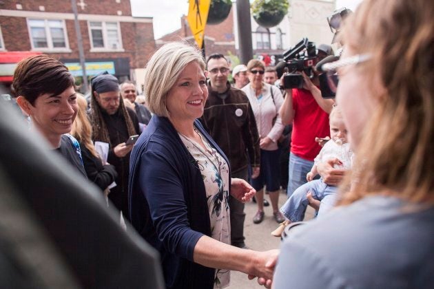 Ontario NDP leader Andrea Horwath greets supporters during a campaign stop at Blackwater Coffee Co. in Sarnia, Ont. on June 4, 2018.