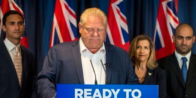 Ontario Progressive Conservative Leader Doug Ford listens to questions during an announcement in Toronto on June 5, 2018.