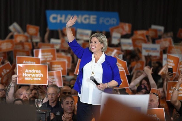 Provincial NDP leader Andrea Horwath waves to supporters at an NDP rally in Toronto, Ont. on June 3, 2018.