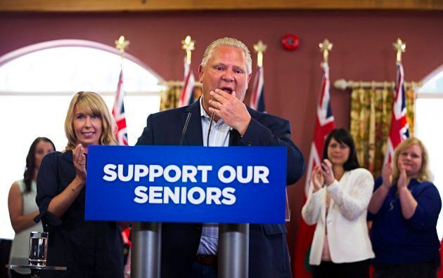 Ontario PC Leader Doug Ford speaks to residents during a campaign stop at Portal Village Retirement Home in Port Colborne, Ont., on May 29, 2018.