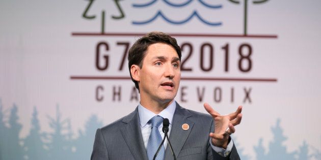 Prime Minister Justin Trudeau holds a press conference at the G7 summit in the Charlevoix town of La Malbaie, Quebec on June 9, 2018.