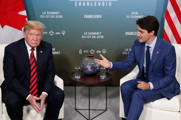 U.S. President Donald Trump meets with Prime Minister Justin Trudeau at the G7 summit in Charlevoix, Quebec on June 8, 2018.