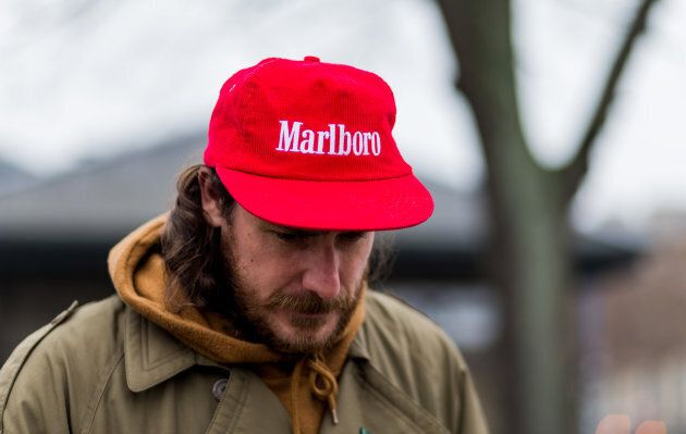 A cap sporting the logo of tobacco company Marlboro.