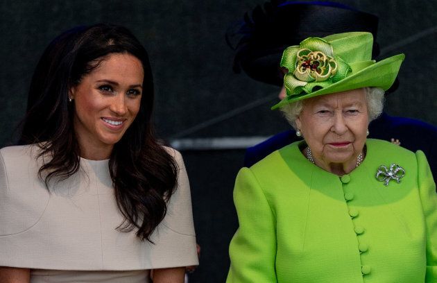 Queen Elizabeth II and Meghan, Duchess of Sussex during a visit to the Catalyst Museum by the Mersey Gateway Bridge on June 14.