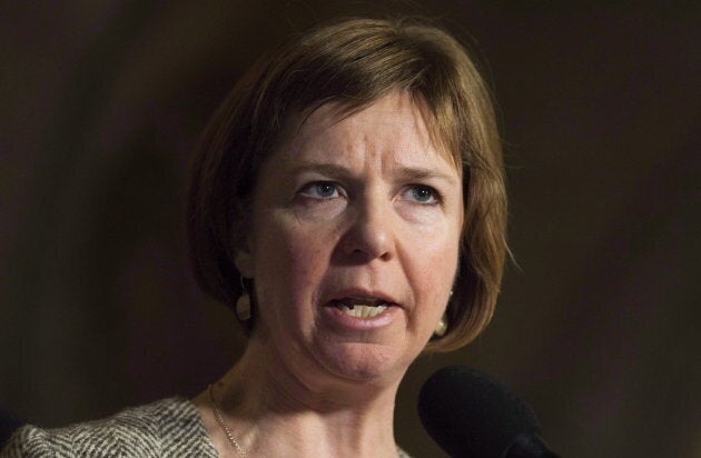 NDP MP Sheila Malcolmson speaks with the media in Ottawa on Nov. 30, 2017.