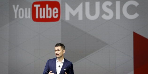 Robert Kyncl, chief business officer for YouTube, talks about YouTube Music during a keynote address at the 2016 CES trade show in Las Vegas, Jan. 7, 2016.