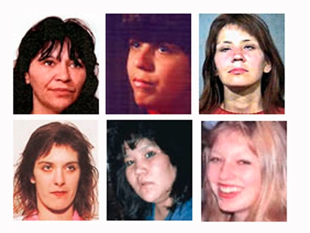 Six of the women accused Canadian serial killer Robert "Willie" Pickton was charged with murdering are shown in these undated photos. (Top row L-R) Georgina Papin, Sereena Abotsway, Mona Wilson, (bottom row L-R) Marnie Frey, Brenda Wolfe and Andrea Josebury.
