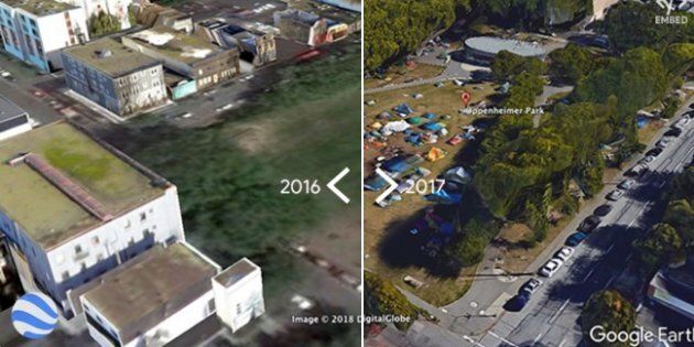 A side-by-side view of Oppenheimer Park in Vancouver between 2016 and 2017.