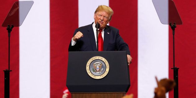 U.S. President Donald Trump speaks at a rally in support of Rep. Kevin Cramer's run for Senate in Fargo, North Dakota on June 27, 2018.