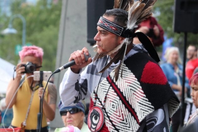 Tsleil-Waututh member William George speaks at the 'No Buyout, No Kinder Morgan' rally in downtown Vancouver on May 29, 2018.