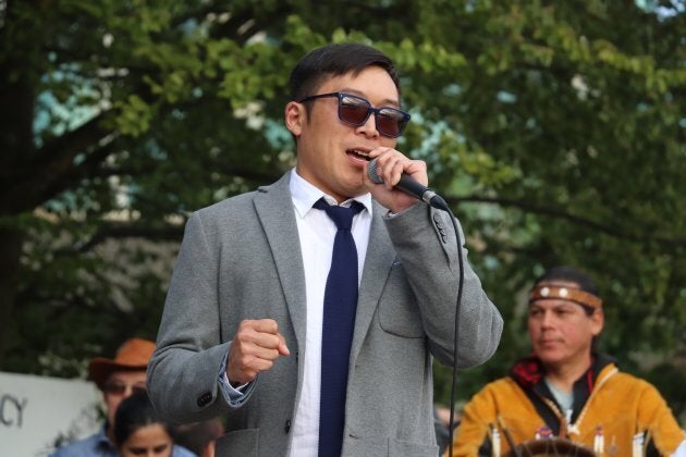 Eugene Kung speaks at the 'No Buyout, No Kinder Morgan' rally on May 29, 2018.