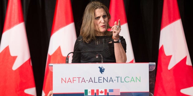 Foreign Affairs Minister Chrystia Freeland speaks to the media following NAFTA round six renegotiations in Montreal, Quebec on Jan. 9, 2018.