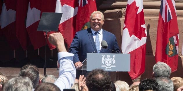 Doug Ford addresses guests and supporters outside the Ontario Legislature in Toronto after being sworn in as Ontario's new premier on June 29, 2018.