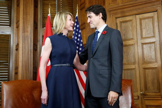 Prime Minister Justin Trudeau and U.S. Ambassador to Canada Kelly Craft react during a meeting in Trudeau's office on Parliament Hill on Nov. 3, 2017.