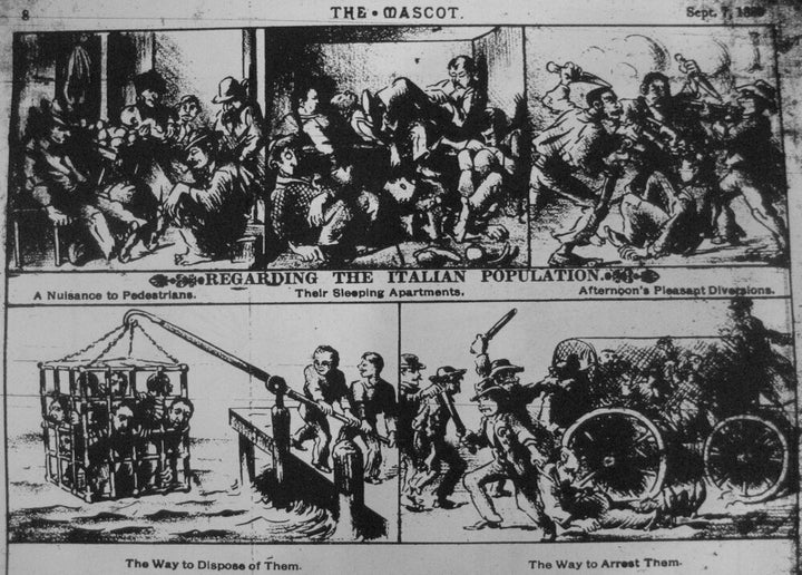 An anti-Italian political cartoon from New Orleans "The Mascot" newspaper's Sept 7, 1888 issue.