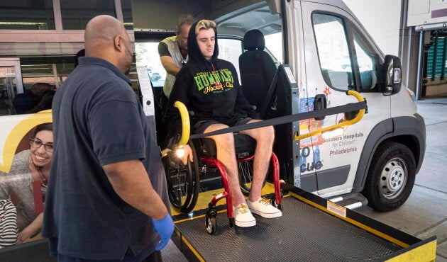 Humboldt Broncos survivor Ryan Straschnitzki arrives at the Shriners Hospital in Philadelphia on June 25, 2018.