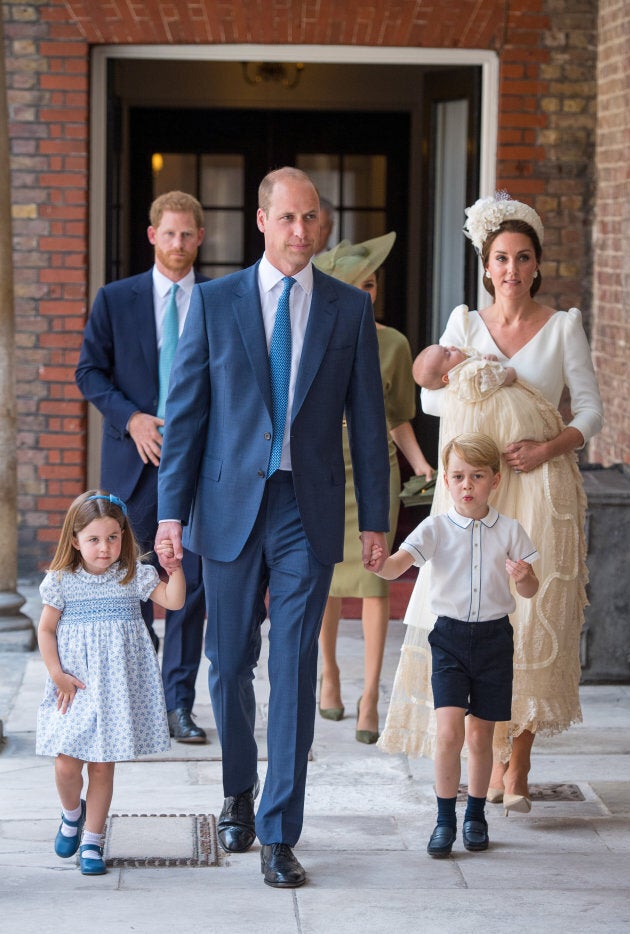 The Cambridges and their children walk to the Chapel Royal, followed by Prince Harry and Meghan Markle.