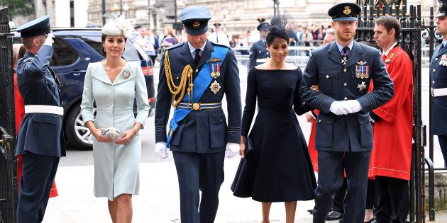 The Duke and Duchess of Cambridge arrive with the Duke and Duchess of Sussex to the RAF Centenary at Westminster Abbey, London.