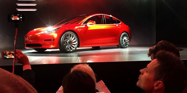 A Tesla Model 3 sedan, the automaker's first car aimed at the mass market, at its launch in Hawthorne, Calif., March 31, 2016. Ontario's new government has cancelled the rebate program for buyers of electric and hydrogen vehicles, just as sales of the vehicles were soaring thanks to the arrival of the new Tesla Model 3.