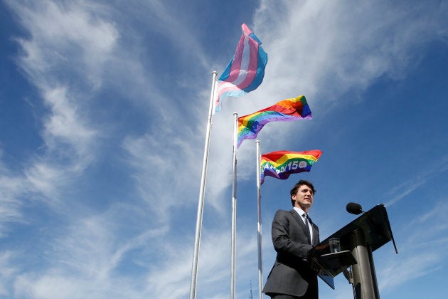 Prime Minister Justin Trudeau speaks during a pride flag raising ceremony on Parliament Hill in Ottawa on June 14, 2017.