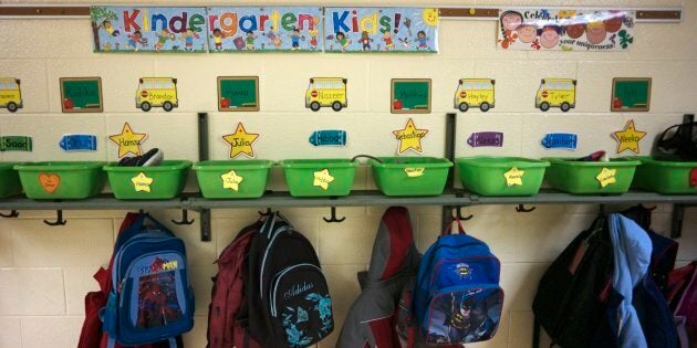 Coats and backpacks hang off a wall uside a classroom at Thorn Lodge Public School in Mississauga, Ont.