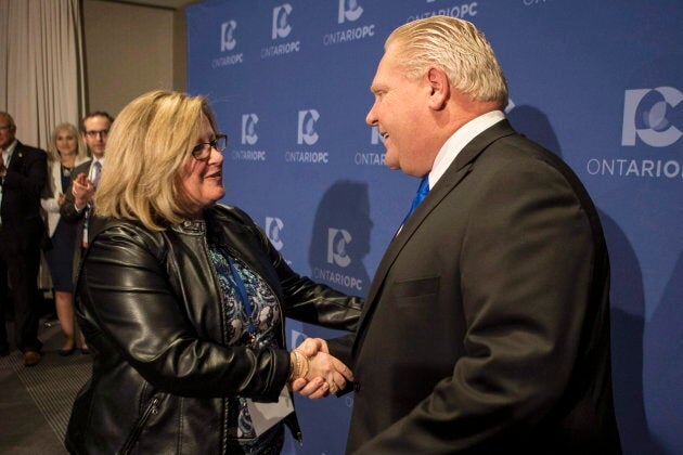 Doug Ford is congratulated by Lisa Thompson, chair of the PC Ontario caucus after Ford was named leader of the Ontario Progressive Conservatives in Markham, Ont. on March 10, 2018.