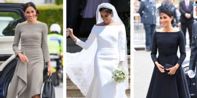 Meghan Markle wearing boatneck dresses (left to right) on a trip to Ireland, at her wedding, and an Air Force event in London.