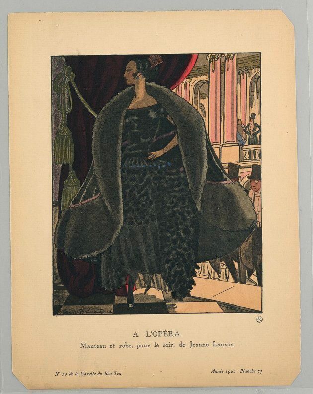 French print, circa 1920, of a Jeanne Lanvin boatneck dress design. The caption reads "At the opera: Coat and dress for the evening, by Jeanne Lanvin"
