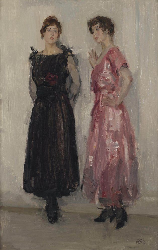 "Ippy and Gertie Posing at Fashion House Hirsch, Amsterdam," ca. 1916, by Dutch painter Isaac Israels. The woman on the left is wearing a boatneck dress.