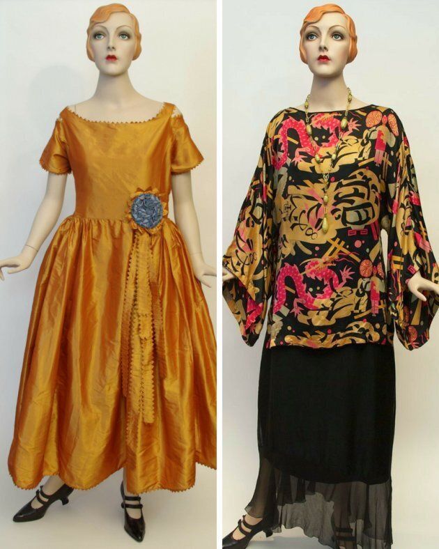 Left: a Jeanne Lanvin boatneck dress design from Winter 1921. Right: a Chinese print silk blouse with a boatneck, c. 1922-23, Franklin Simon Company.