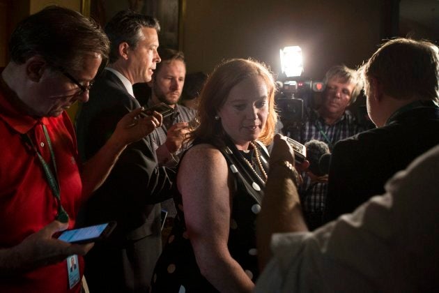 Ontario Minister of Children, Community and Social Services Lisa MacLeod speaks to reporters at the Ontario Legislature in Toronto on July 5, 2018.