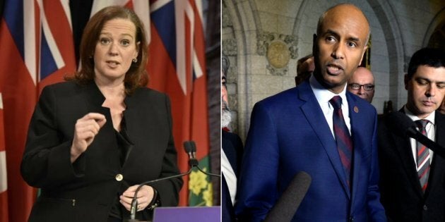 Ontario cabinet minister Lisa MacLeod and Immigration Minister Ahmed Hussen pictured in file photos. Hussen and MacLeod held heated press conferences in Winnipeg on Friday.