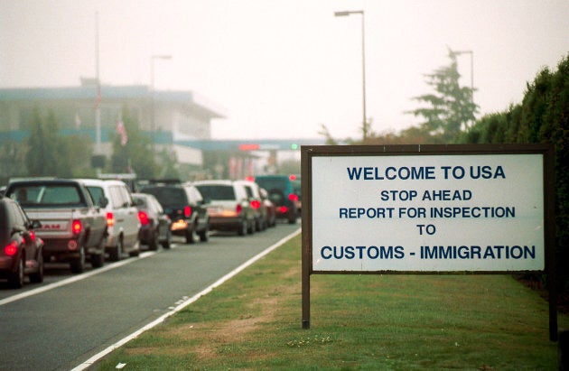 Cars line up to enter the United States at the Peace Arch border crossing, between British Columbia and Washington State.