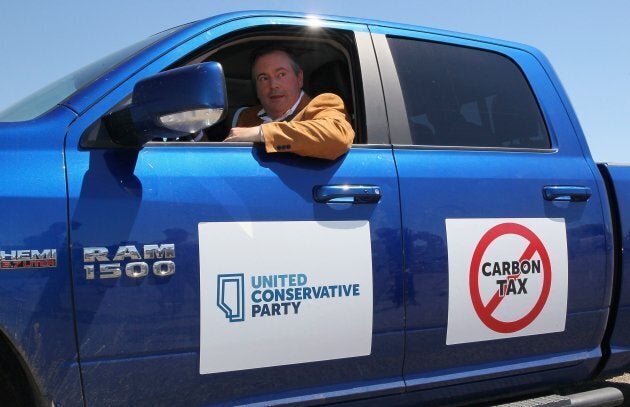 United Conservative Leader Jason Kenney drives his truck after meeting with reporters at the Blackfoot Diner and Truck Stop, in Calgary, on July 13, 2018.