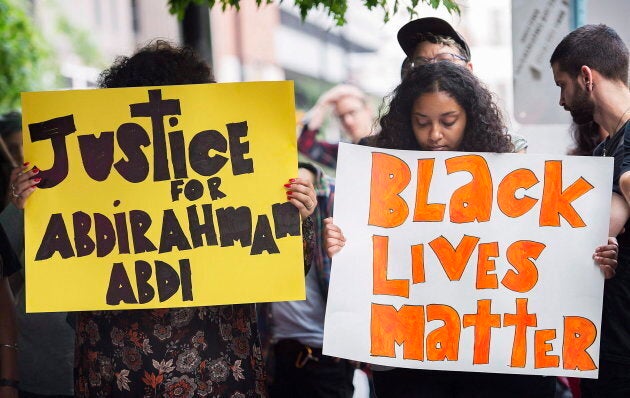 People gather in Montreal on July 28, 2016, to denounce the death of Abdirahman Abdi in Ottawa.