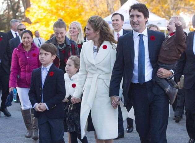 Marylou Trayvilla, one of two women who was employed to take care of the Trudeau children in 2015, is seen at left as she joins prime minister-designate Justin Trudeau and family upon their arrival to Rideau Hall for the swearing-in ceremony in Ottawa. Trayvilla is no longer employed as a caretaker for the Trudeau children.