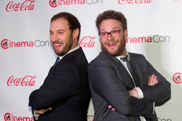 Evan Goldberg (L) and Seth Rogen arrive for the Big Screen Achievement Awards during CinemaCon at Caesars Palace in Las Vegas, Nevada on March 27, 2014.