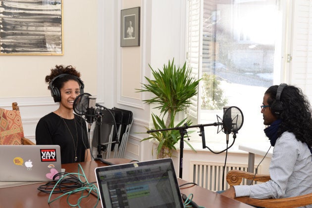 Co-host Daniella Barreto recording an episode for the podcast.