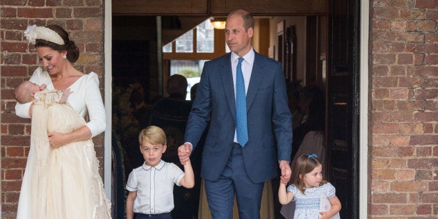 The Duke and Duchess of Cambridge with their children Prince George, Princess Charlotte and Prince Louis after Prince Louis's christening at St. James's Palace, London, Britain, July 9, 2018.