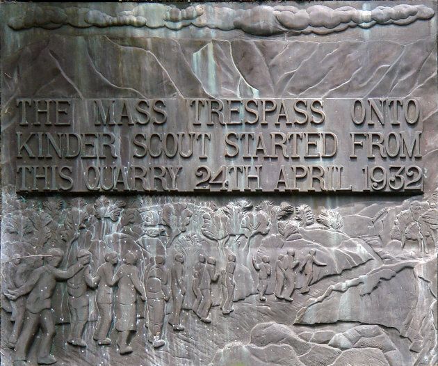 The commemorative plaque of mass trespass of Kinder Scout at Bowden Bridge Quarry, Hayfield, U.K.