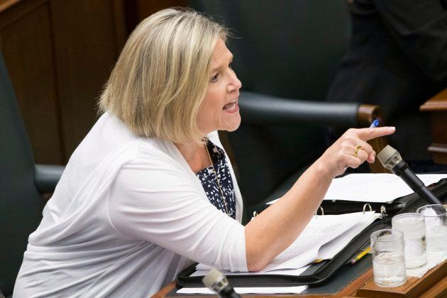 NDP Leader Andrea Horwath exchanges words with Ontario Premier Doug Ford during question period at Queen's Park, in Toronto on July 31, 2018.