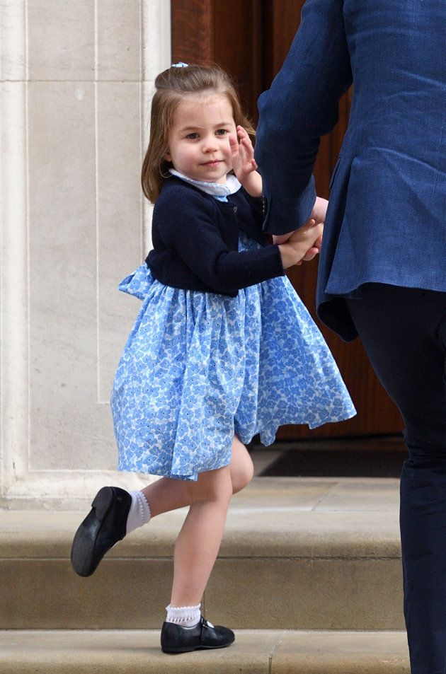 Princess Charlotte arrives with Prince George and Prince William at the Lindo Wing of St Mary's Hospital on April 23, 2018 in London, England.
