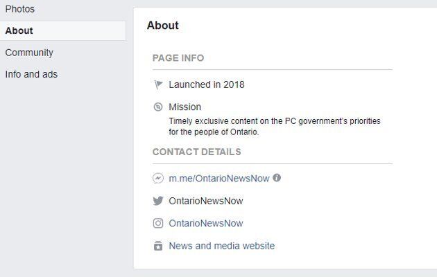 The "about" tab found on Ontario News Now's Facebook page, as it appears on Aug. 2, 2018.
